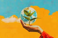 A hand holding a globe with a plant growing out of it painting outdoors person.