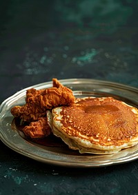 An old-fashioned pancake with fried chicken by side plate food bread.