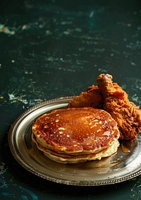 An old-fashioned pancake with fried chicken by side food burger bread.