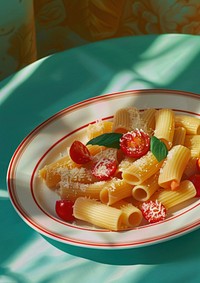 Rigatoni with tomatoes and parmesan on an elegant white oval plate with red trim macaroni pasta food.