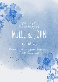 Winter wedding invitation template, blue watercolor poster