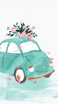 Mint wedding car flower transportation illustrated.