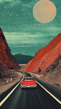 Collage Retro dreamy of a car driving on expressway through mountains transportation automobile outdoors.