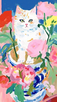 Cat with flowers painting art graphics.