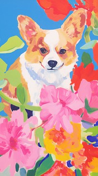 Dog with flowers painting art blossom.