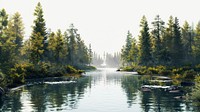 Serene forest river landscape wallpaper