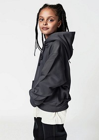 Stylish child wearing dark hoodie