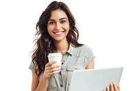 Smiling woman with laptop coffee
