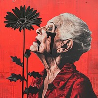 Surreal elderly woman flower contrast