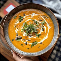 Creamy pumpkin soup with garnish