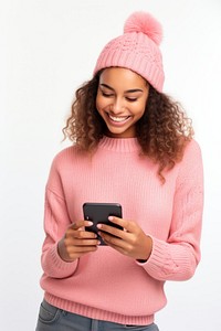 Woman smiling using smartphone