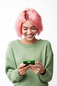 Happy woman with pink hair