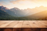 Rustic wooden table mountain sunrise