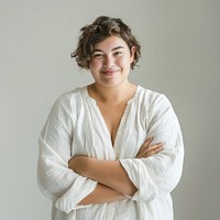 Confident woman in white shirt