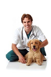 Veterinarian with happy golden retriever