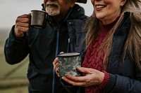 Camping coffee mug mockup, hot drink  psd