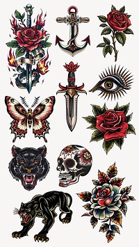 old school tattoo element set