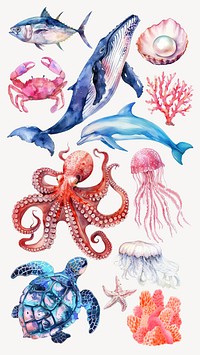 Watercolor sea life element set