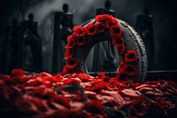 Somber memorial with red poppies