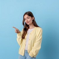 Woman pointing blue background