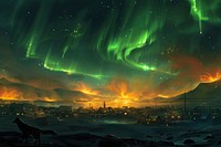 Aurora lights over snowy village