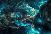 Mystical glowing blue cave