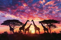 Giraffes at sunset savannah