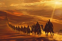 Desert caravan under golden sunset