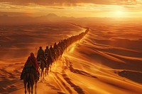 Desert caravan at sunset