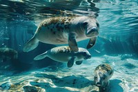 Graceful manatees swimming underwater