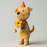 Wooden dog figurine holding gift