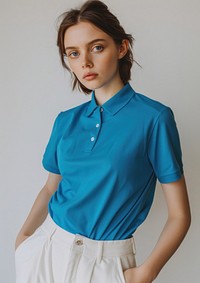 Stylish woman in blue polo