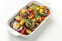 A dish of roasted vegetables food produce lunch.