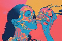 Surreal vibrant skull kiss illustration