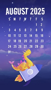 August 2025 calendar dinosaur rocket mobile wallpaper template vector