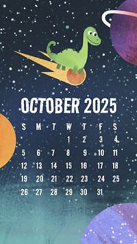 Dinosaur October 2025 calendar mobile wallpaper template vector