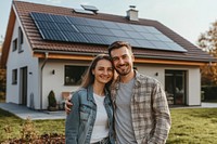 Happy couple outside eco-friendly home