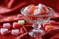 Heart-shaped candy in glass bowl