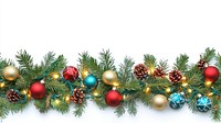 Seamless decorative christmas border with coniferous branches and garlands of christmas lights and ornaments accessories accessory pineapple.