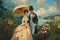 Victorian couple by scenic lake