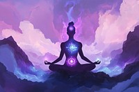 A person meditating with chakra symbols art illustration background.