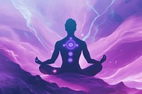 A person meditating with chakra symbols purple background chakras.