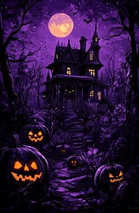 Haunted house in the wood halloween purple night.