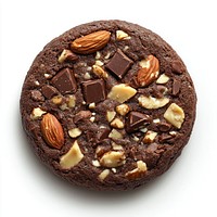 A single chocolate cookie with mixed nuts confectionery biscuit dessert.