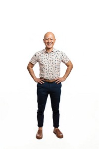 Happy asian bald man shirt pants photography.