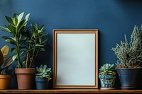 Blank wooden frame plants potted shelf.