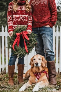 A couple wearing red sweaters holding up an old Christmas wreath with their dog christmas retriever outdoors.