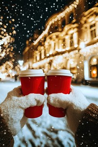 Festive coffee cups in snow