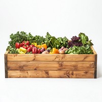 Wooden raised bed filled with various vegetables and fruit produce planter eco-friendly.