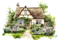 English cottage with garden illustration watercolor house.